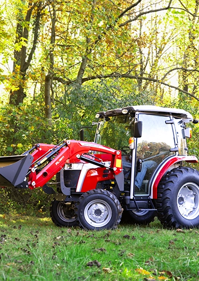 Compact Massey Ferguson 1M Series tractor in a sunlit forest clearing, equipped with front loader and cab.